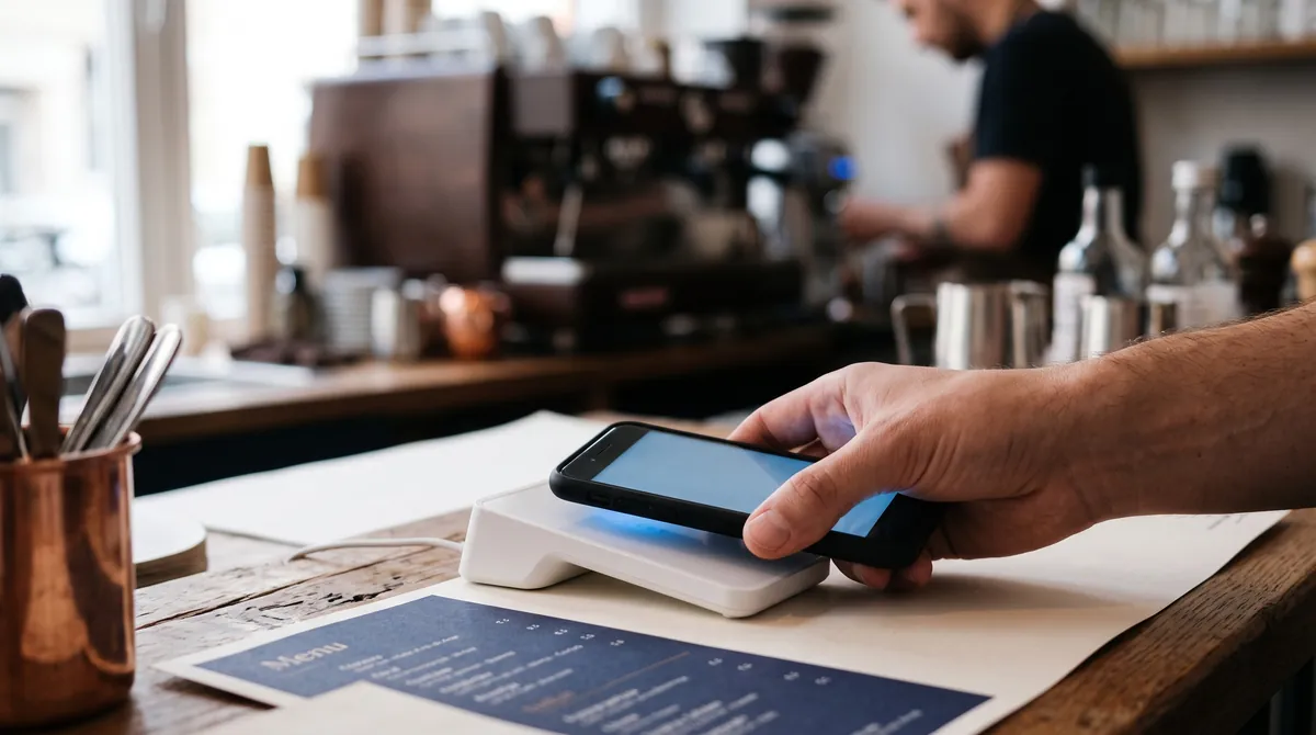 Kontaktlose Zahlung mit dem Smartphone an einem schlanken Kartenterminal im Café