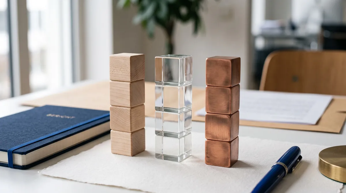 Drei Stapel aus Holz, Glas und Metall als Bausteine eines Portfolios
