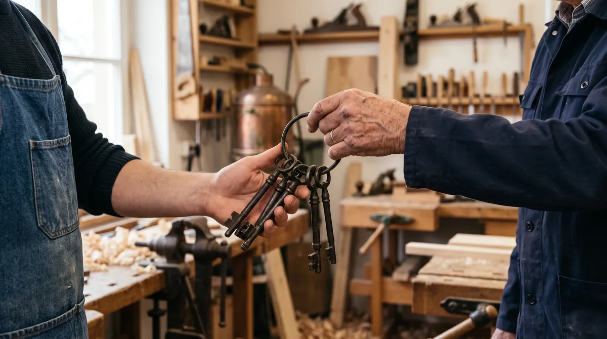 Ein älterer und ein jüngerer Handwerksmeister übergeben einen Schlüsselbund in der Werkstatt